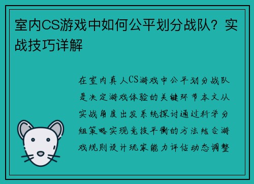 室内CS游戏中如何公平划分战队？实战技巧详解